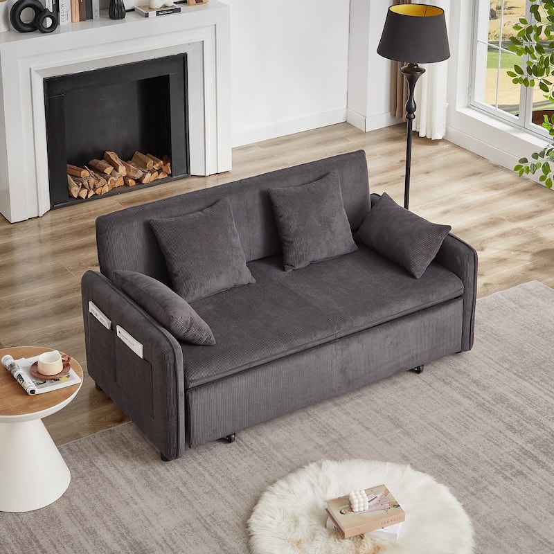 66 Inch Sleeper Sofa Bed with Pullout Bed 4 Pillows and Side Pockets Soft Corduroy Convertible Sleeper Sofa Bed
