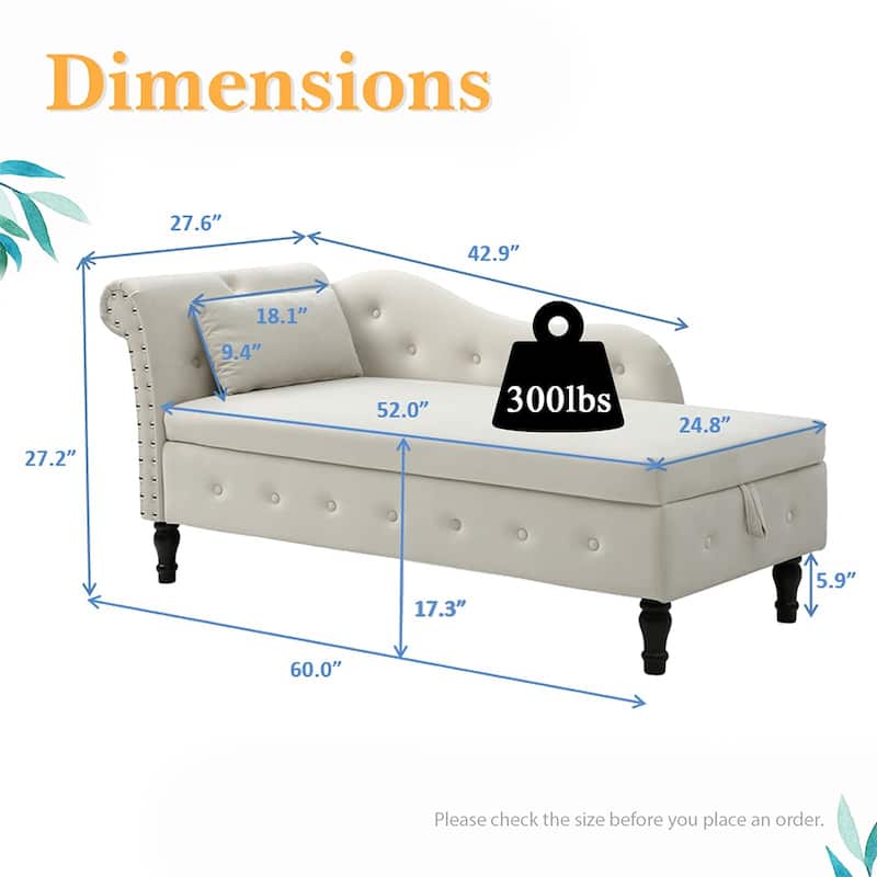 60"W Velvet Tufted Chaise Lounge, Storage Chaise Sofa, Solid Wood Leg - 25"D x 60"W x 27"H