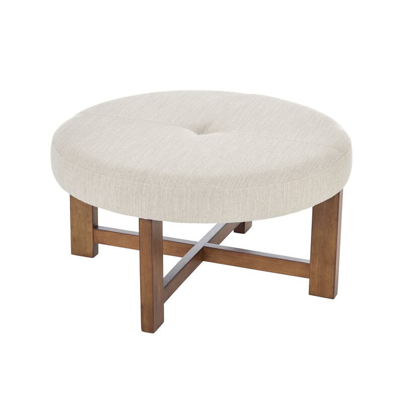 Christopher Knight Home - Marlowe Modern Round Faux Leather Ottoman Coffee Table with Tufted Top and Wood Base