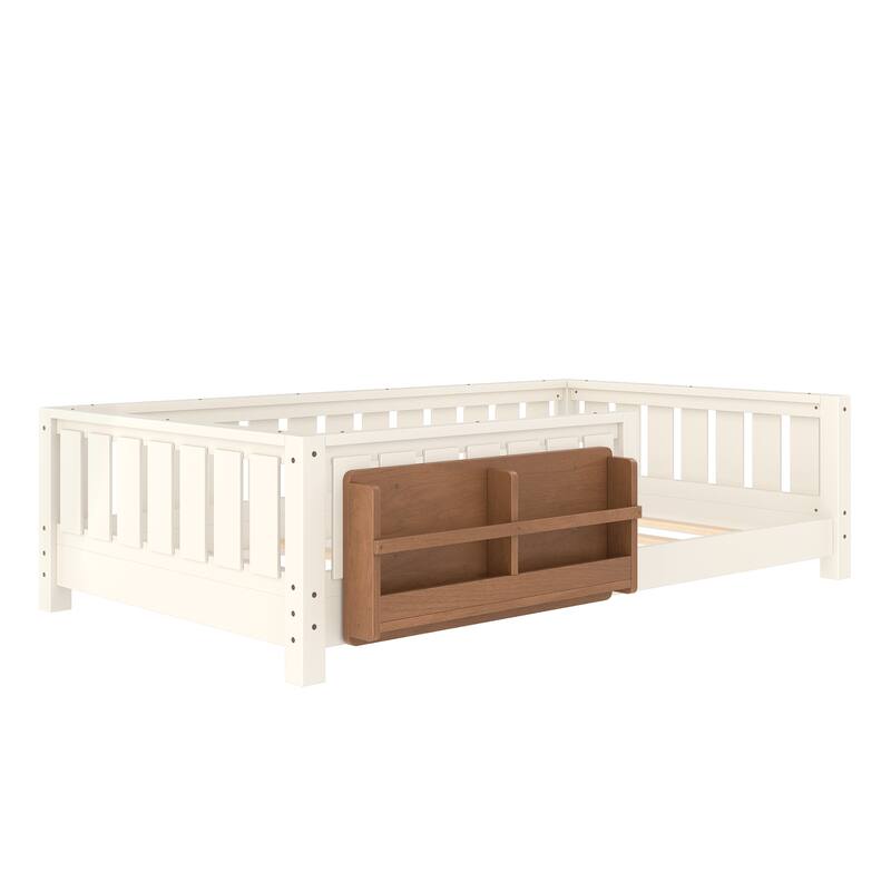 Montessori Floor Bed Low Profile Kids Bed with Rails & Bookshelf