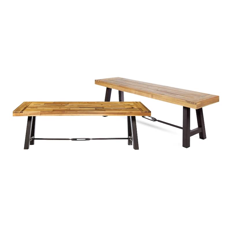Roomfitters Outdoor Acacia Wood Bench with Black Metal Legs, Patio Dining or Garden Seating, Teak