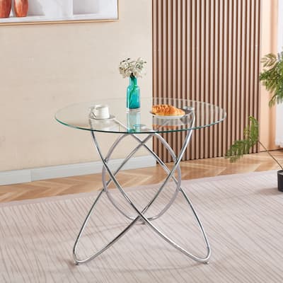 Dining Table With Chrome Metal Leg And Tempered Glass,Kitchen Table For Living Room,Metal Legs