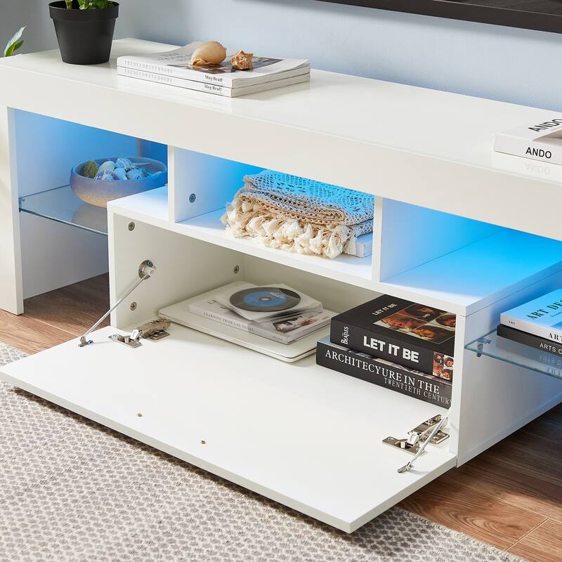 GDF Studio - Modern White Particle Board TV Stand with LED Light Belt and Glass Shelf