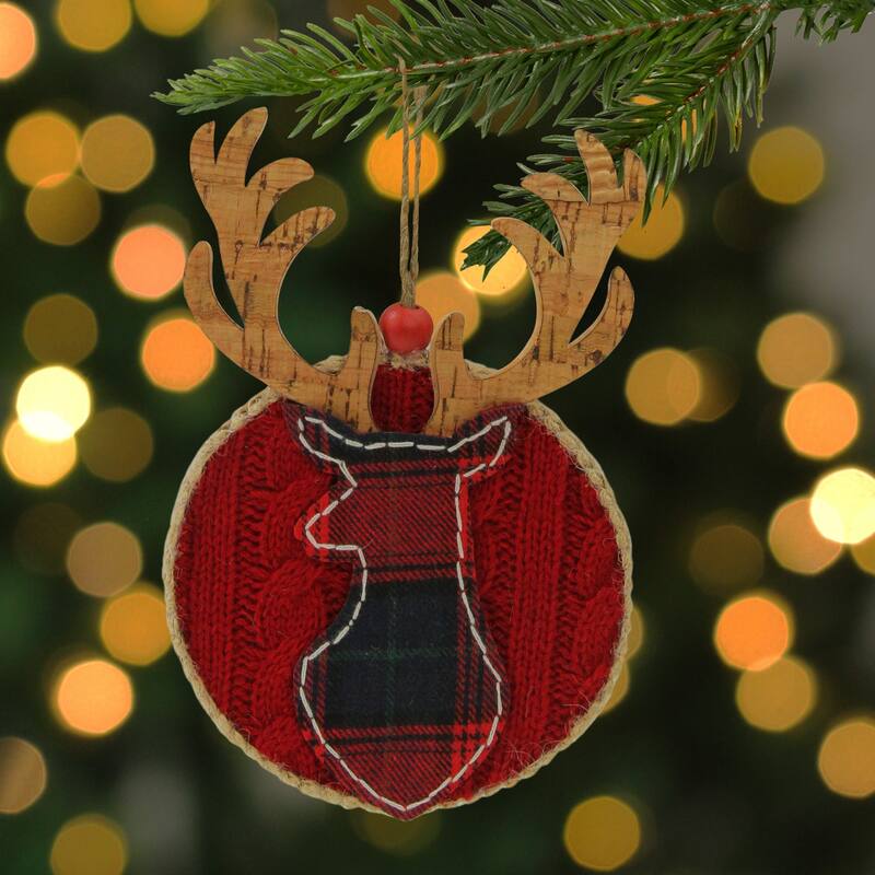 Cable Knit Plaid Reindeer Christmas Ornament - 6" - Red