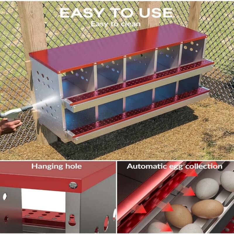 10-Compartment Chicken Nest Box with Egg Collection Tray and 10 Fake Training Eggs Red