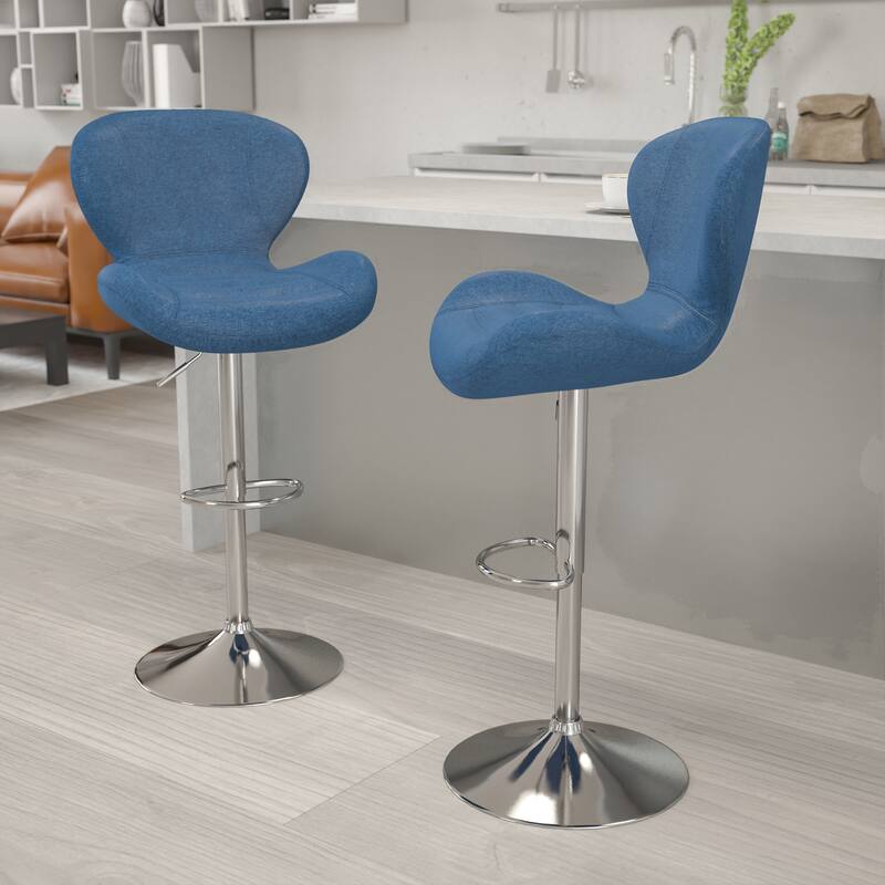 Modern Low-back Height-adjustable Chrome/Vinyl Barstools (Set of 2) - Blue Fabric