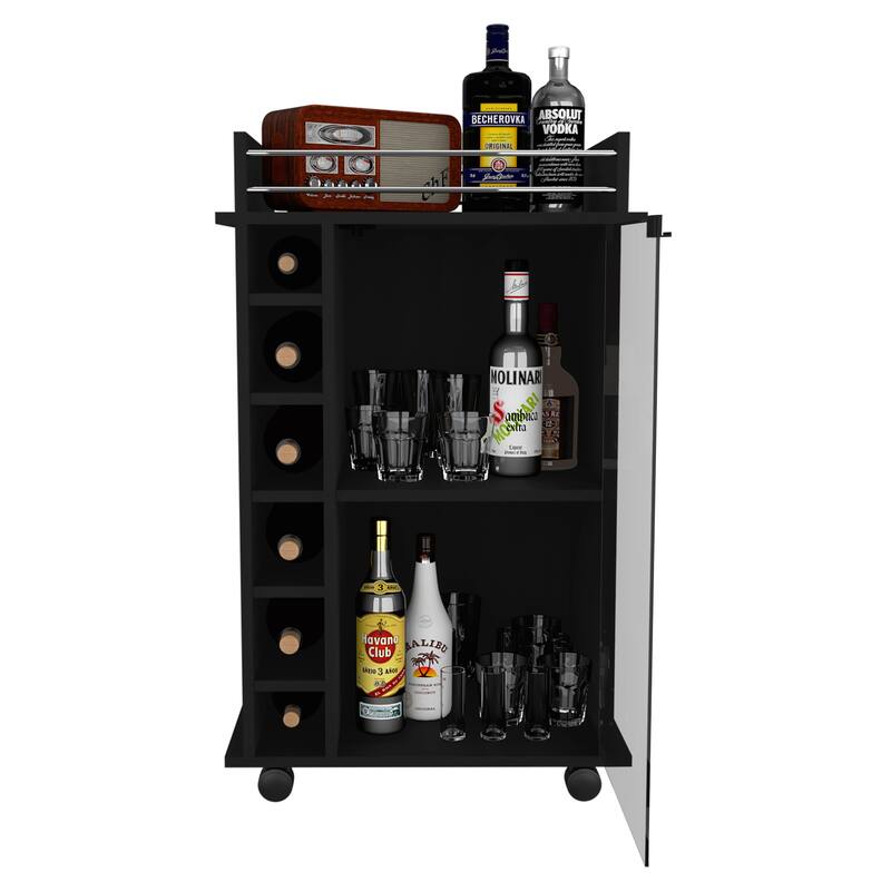 Dukat Bar Cart,Two Shelves, Six Built-in Wine Rack, Four Casters -Black