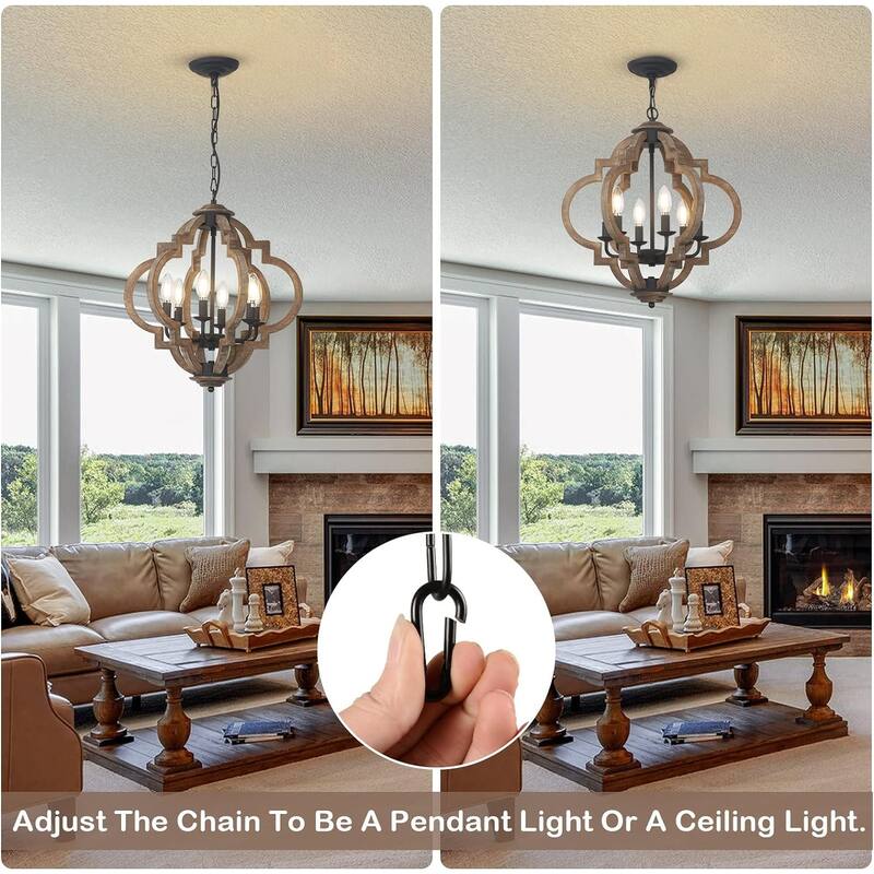 Farmhouse Chandeliers for Dining Room, 6-Light Rustic Dining Room Light Fixture Over Table, Wood Black Hanging Pendant Lights