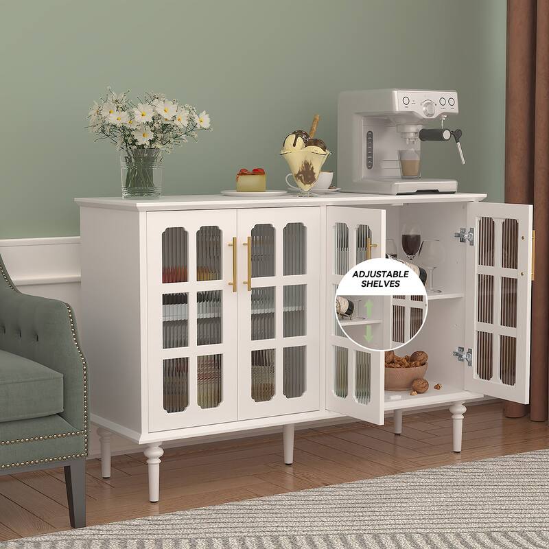 Solid Wood Buffet Cabinet, Lattice Glass Doors with Adjustable Shelves