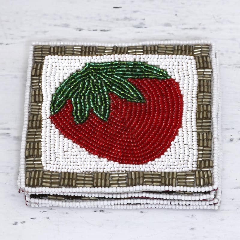 NOVICA Artisan Handblown Glass Beaded Coasters Strawberry From India Multicolor Tableware Barware 'Sweet Strawberry'(Set Of 4)