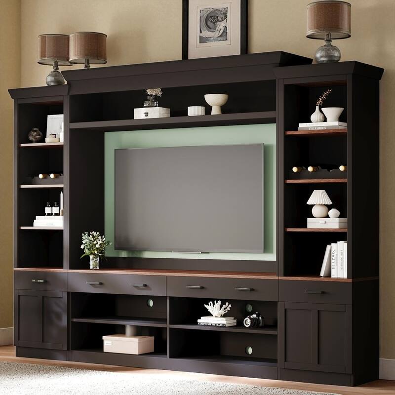 Farmhouse 4-Piece Entertainment Wall Unit for TVs up to 70", Walnut TV Stand with Bookshelves, Adjustable Shelves, Wine Rack