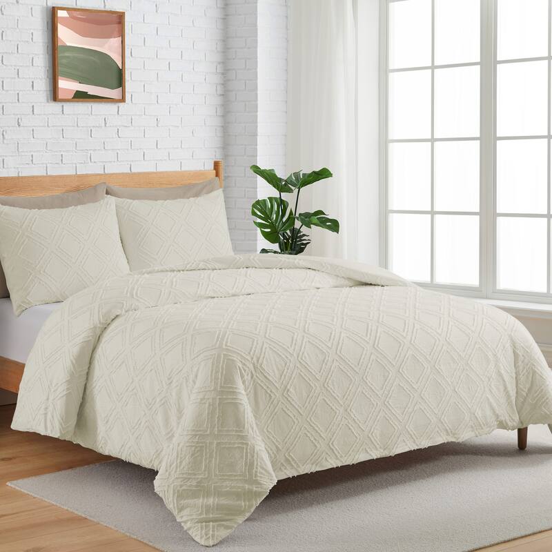 Clipped Jacquard Geometric Duvet Cover & Pillowcase Set - Cream/Square - Queen/Full
