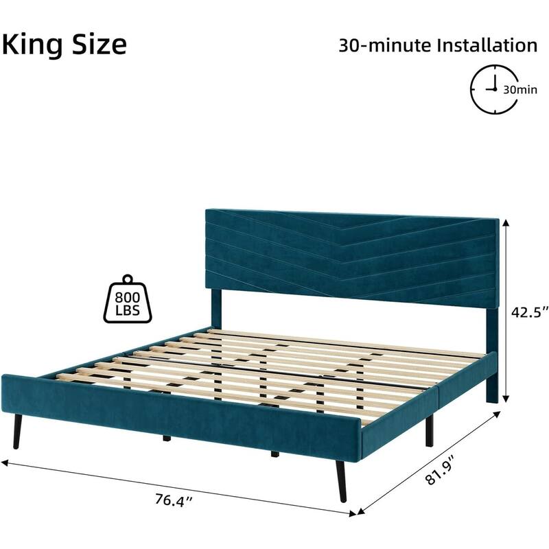 Platform Bed Frame with Adjustable Headboard, Velvet Upholstered