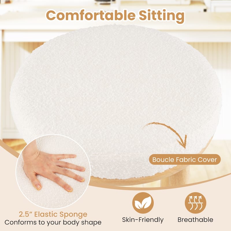 White Boucle Fabric Counter Height Bar Stools with Rubber Wood Frame Rustic Farmhouse 27 Inch Bar Chairs - 16" x 16" x 27"
