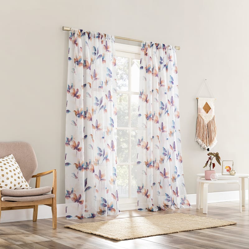 No.918 Ellie Floral Print Sheer Rod Pocket Curtain Panel, Single Panel
