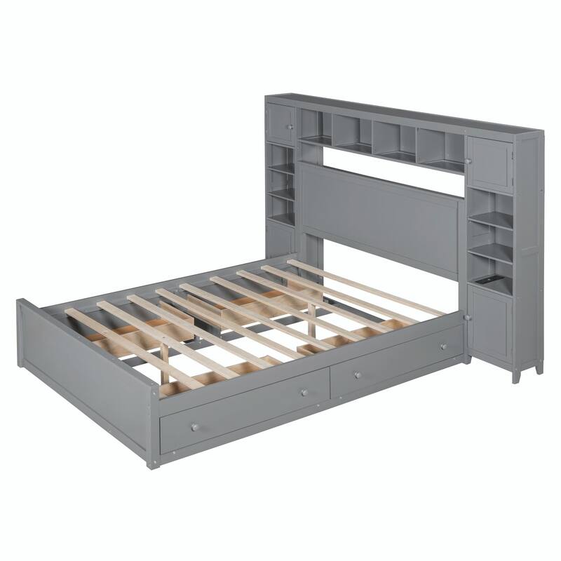 Wooden Bed with Built-in Cabinet, Shelf, and Sockets