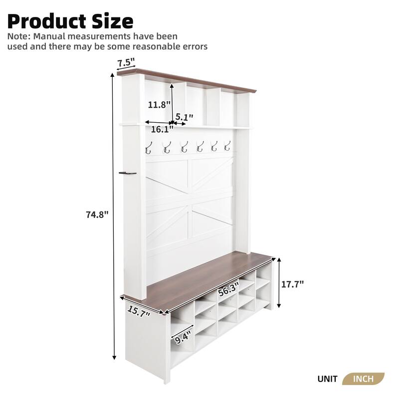 Hall Tree Entryway Bench with 6 Hooks, Rustic White Shoe Organizer with 16 Open Compartments for Mudroom