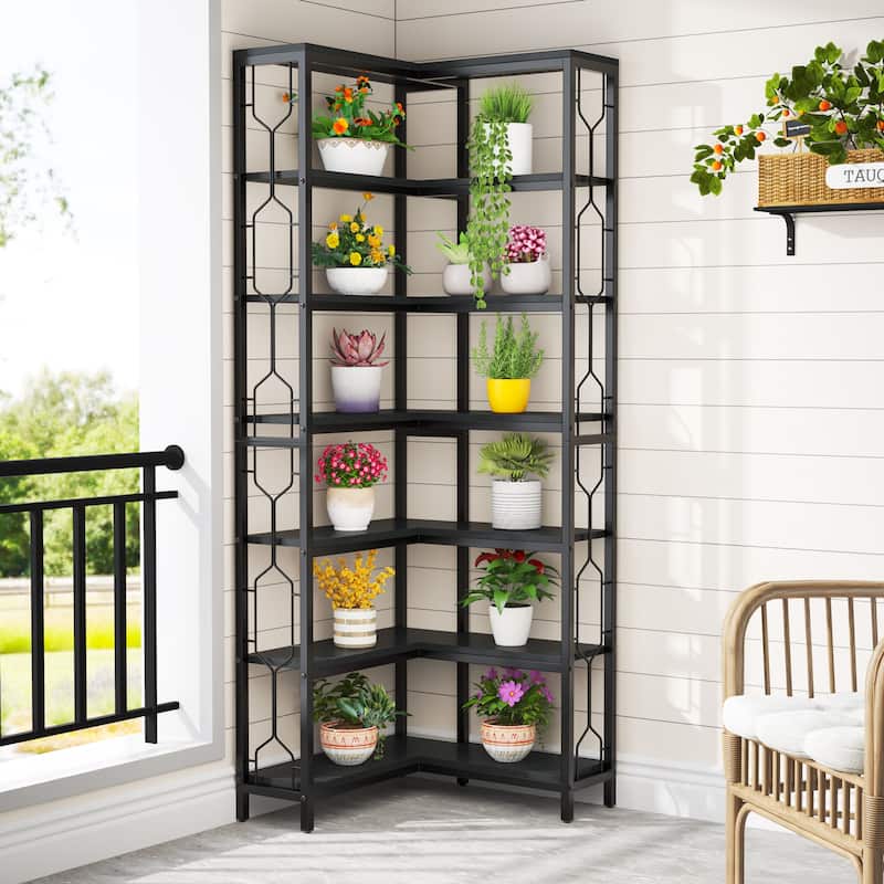 7-Tier Corner Bookshelf, White Corner Shelf Modern Etagere Bookcase