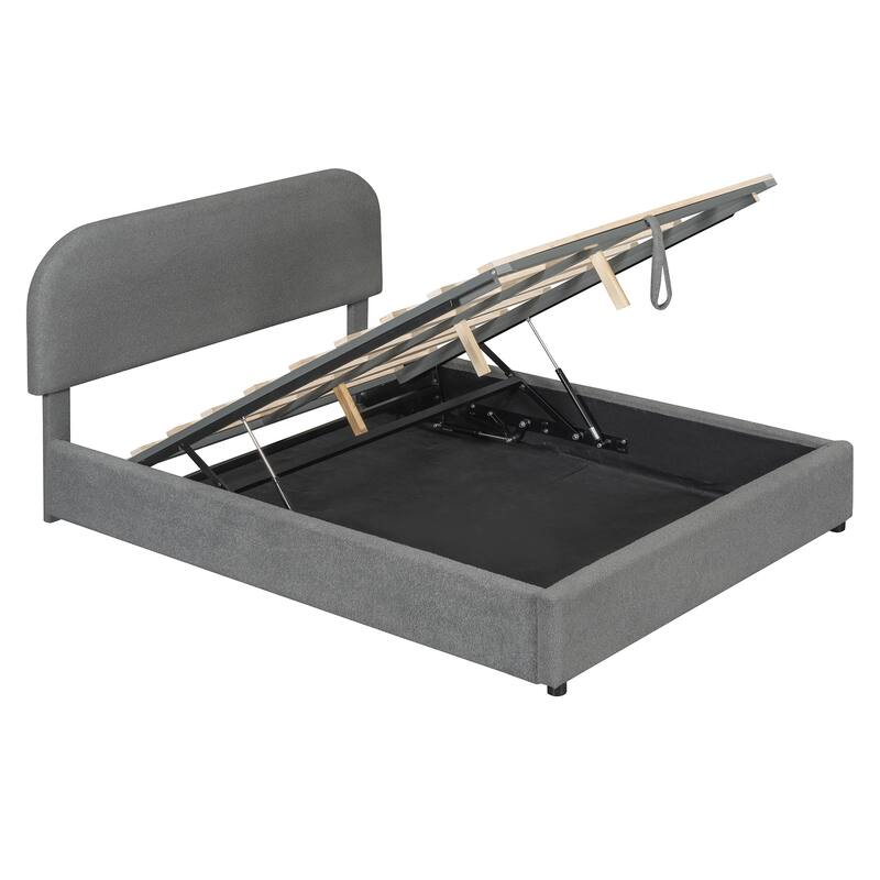 Grounded Bed Upholstered Platform Bed Storage Bed with Curved Headboard and Hydraulic Storage System Under Bed, Teddy Fleece