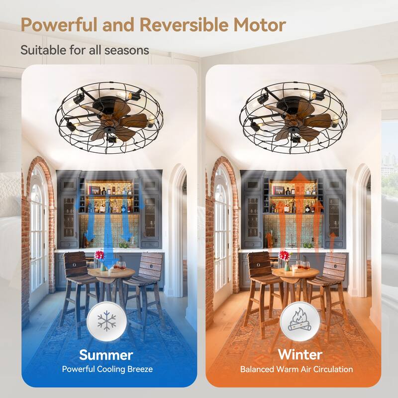 19"/23.6" Farmhouse Industrial Enclosed Caged Ceiling Fan with Light & Remote