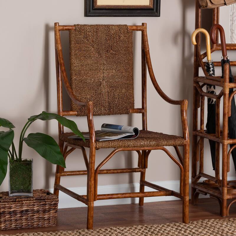 Ramos Marbled Tortoise Natural Rattan and Seagrass Armchair - Handwoven Wicker Chair, Rustic Boho Accent Seating