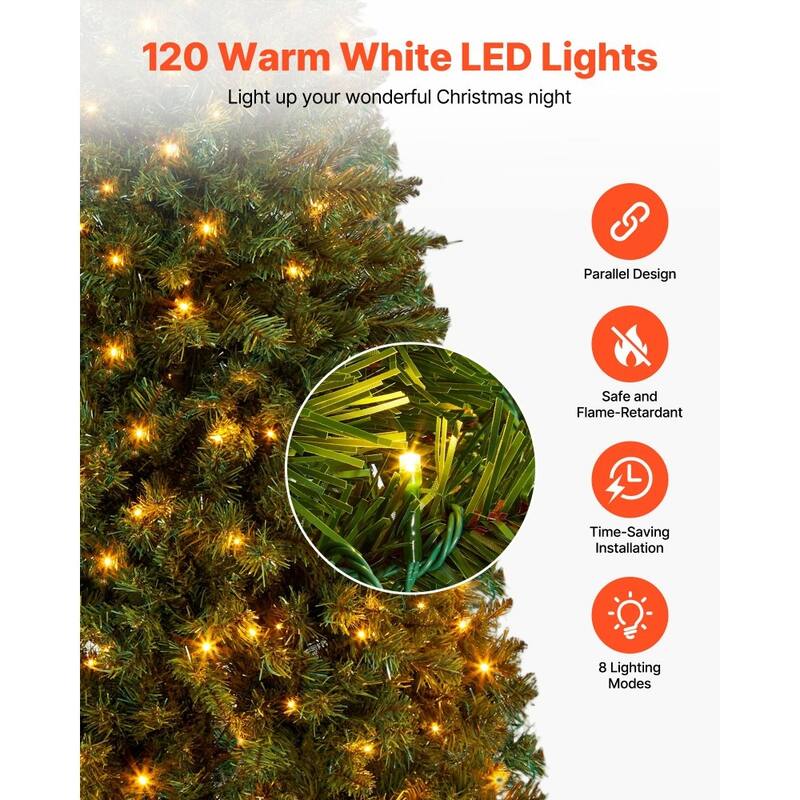 Green PVC and Iron 4x2.6 ft Pre-Lit Christmas Tree with 120 LED Lights and 8 Modes - 2.6 x 4 ft