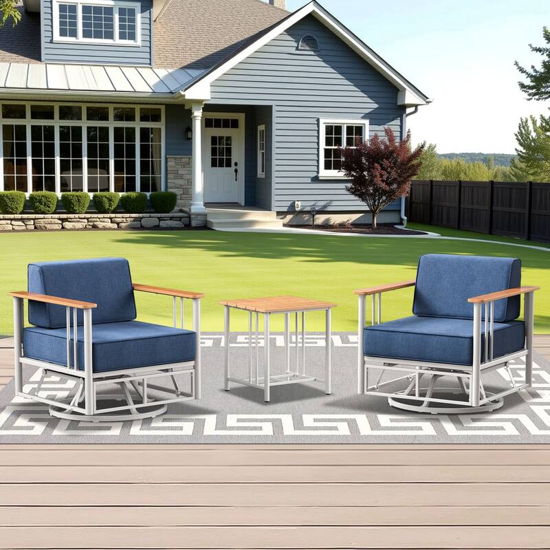 Outdoor Patio Funiture Set with Extra-Thick Seat cushion - White & BLue Cushion - 3PCS Gldier Chairs with Table