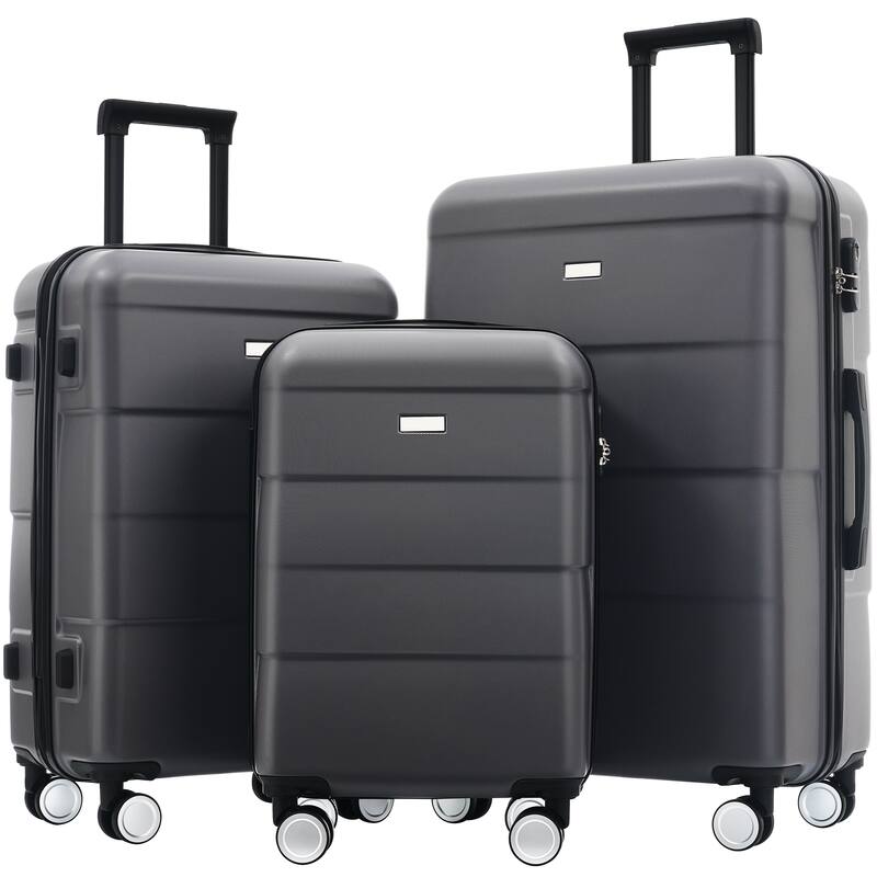 Hardshell Lightweight Luggage Sets 3 Piece Double Spinner Wheels Suitcase with Handle Password Lock, 20"+24"+28" Luggages - Charcoal+Black