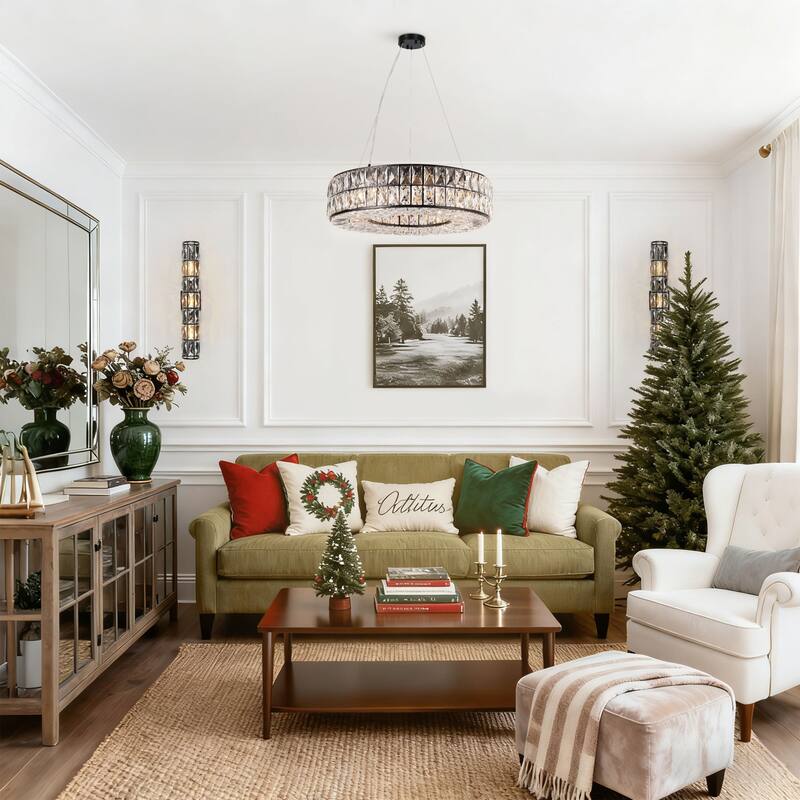 Modern Glam 8-Light Crystal Chandelier Black Drum Ceiling Light for Dining Room - D21" x H66"