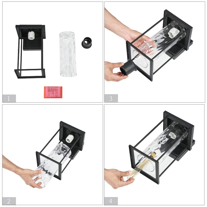 Modern Farmhouse 1-Light Black Outdoor Wall Sconces Water Ripple Glass Porch Lantern - L 13.4" x W 6.7" x H 8.3"
