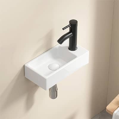 Ceramic Wash Basin - Right Hand, Wall Hung Basin Sink, Small Cloakroom Basin, Rectangle (Without Tap & Drain)