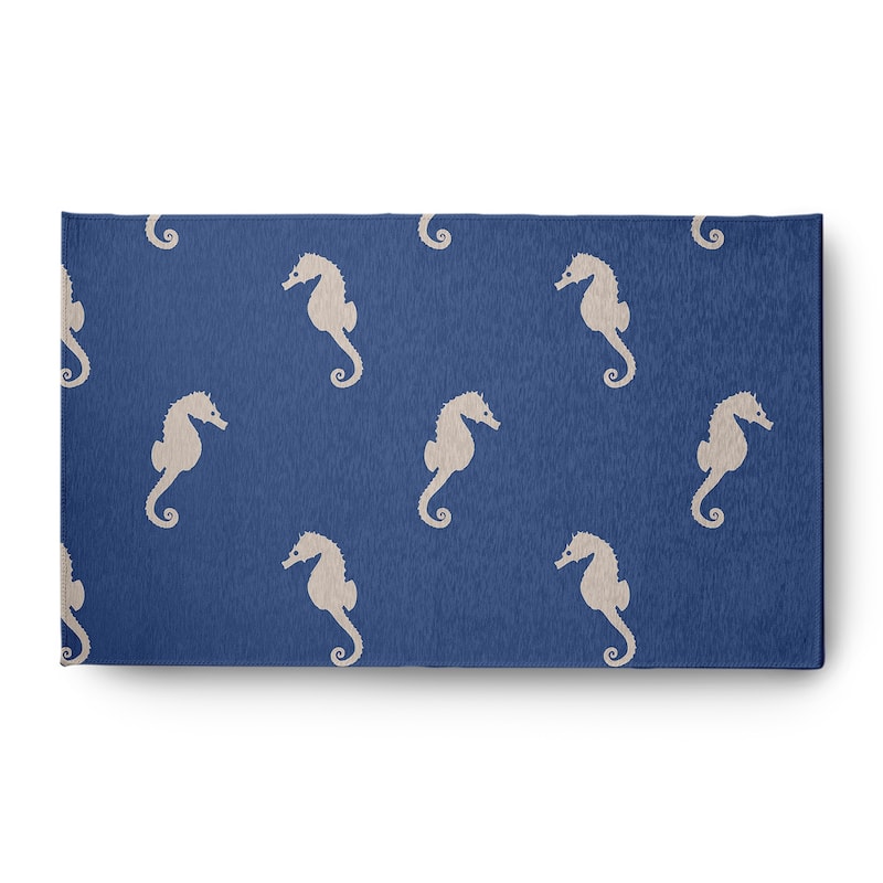 Sea Horses Beach Style Chenille Area Rug - Nautical Navy - 3' x 5'