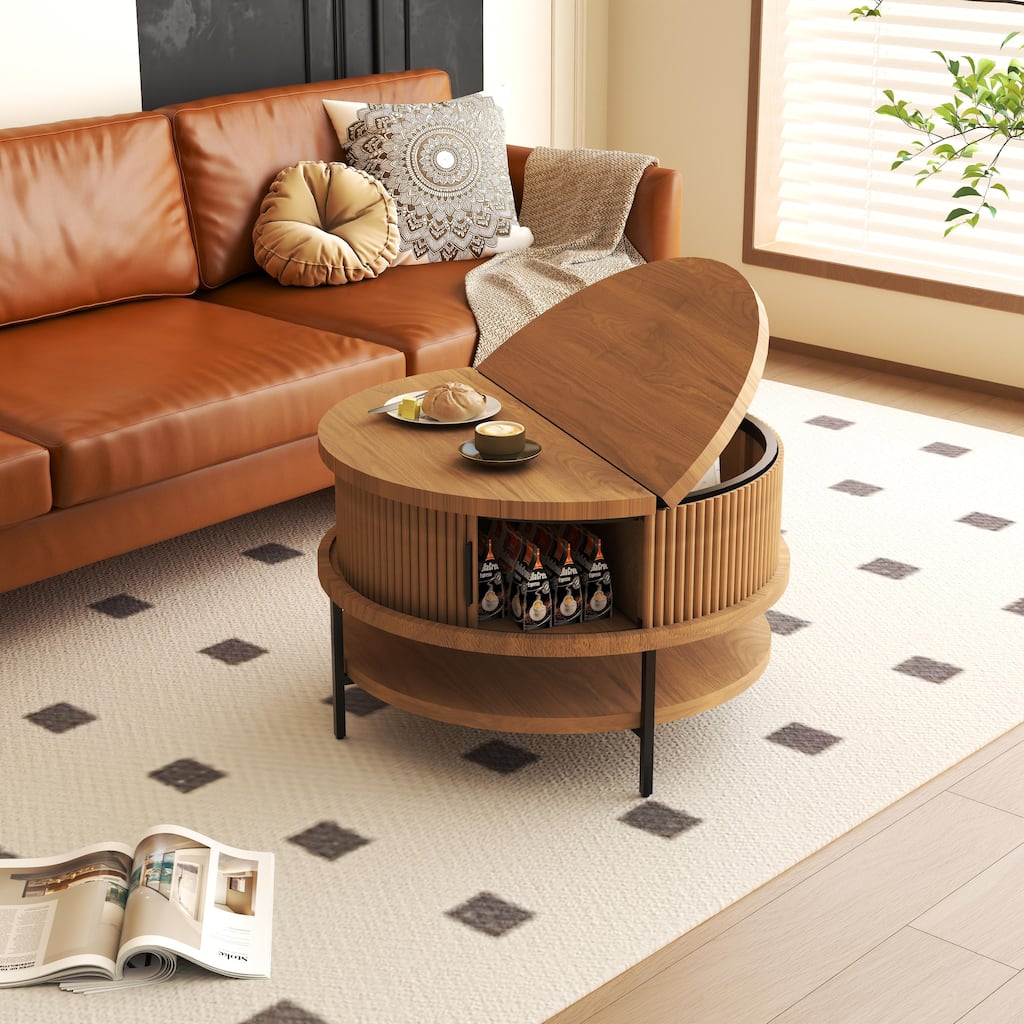 Flip-Top Round Coffee Table with Storage for Living Room, 31.5" Farmhouse Style Center Table with Sliding Doors