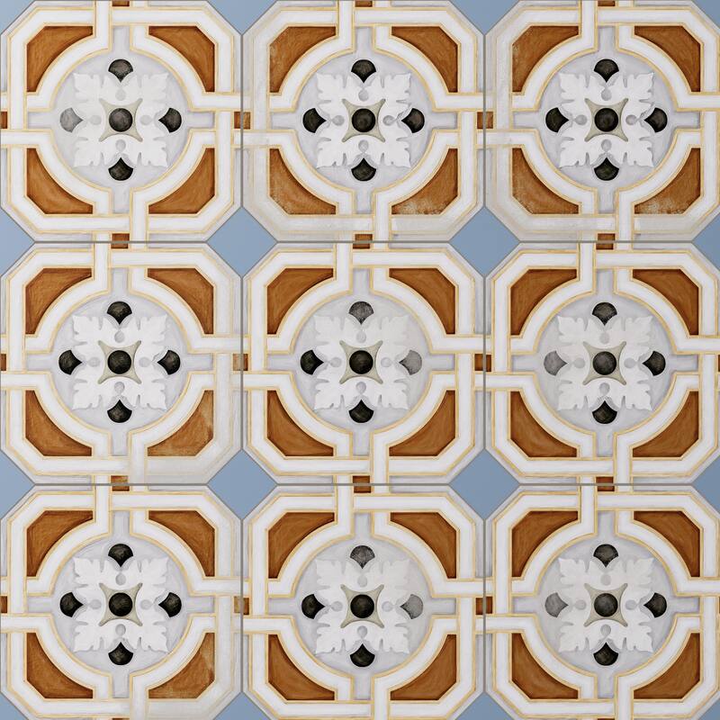Merola Tile Vaudeville Octagon Deco Zimer with Taco Azzuro 7-7/8" x 7-7/8" Porcelain Floor and Wall Tile