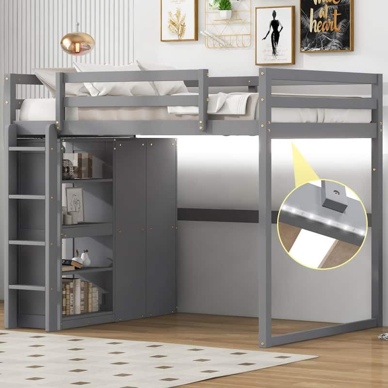 Wood Full Size Loft Bed with Built-In Wardrobe and Storage Shelves - Grey