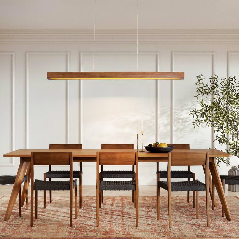 25-Watt Modern Brown Long Linear Walnut Wood Integrated LED Island Chandelier for Kitchen, Dining Room