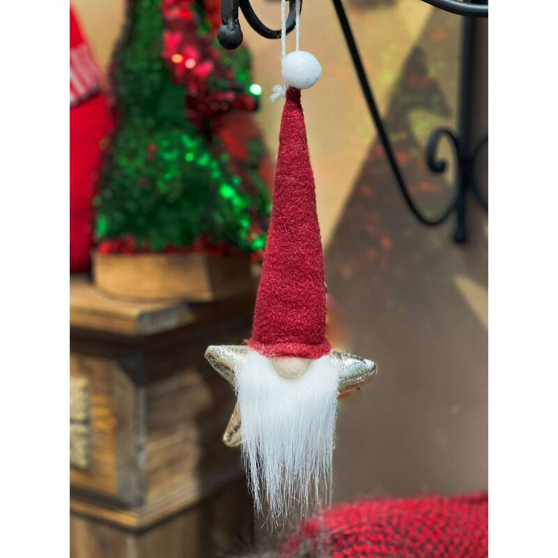 Star Gnome with Santa Hat Christmas Ornaments - 9.5" - Gold and Red