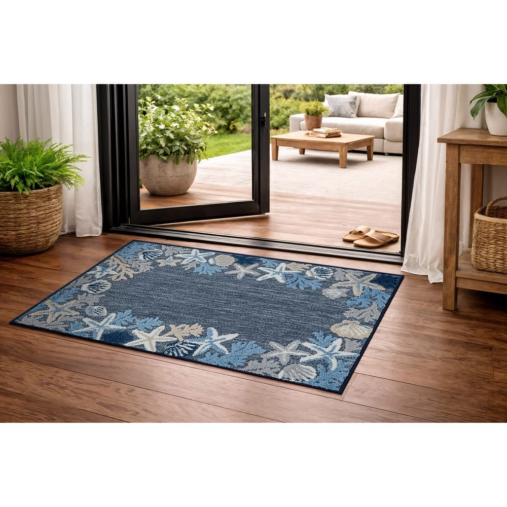 World Rug Gallery Indoor/Outdoor High-Low Textured Area Rug, Coastal Border Easy-Clean Patio Rug