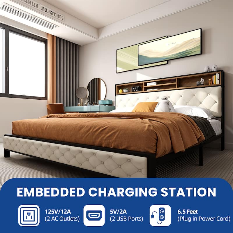 Modern King Upholstered Storage Bed With USB Power pad