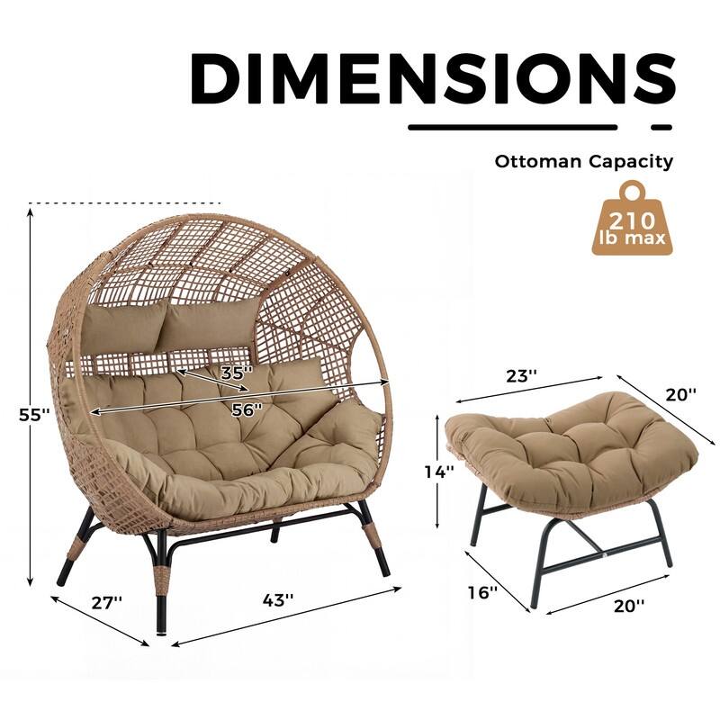 2-Person Outdoor Wicker Egg Chair Loveseat with 2 Ottomans and Cushions