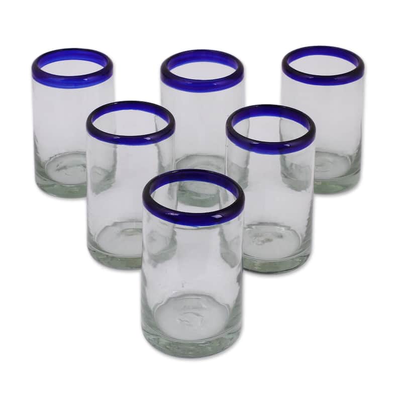 Handmade Blue Rim Glass Classic Drinking Set of 6 Glasses (Mexico)