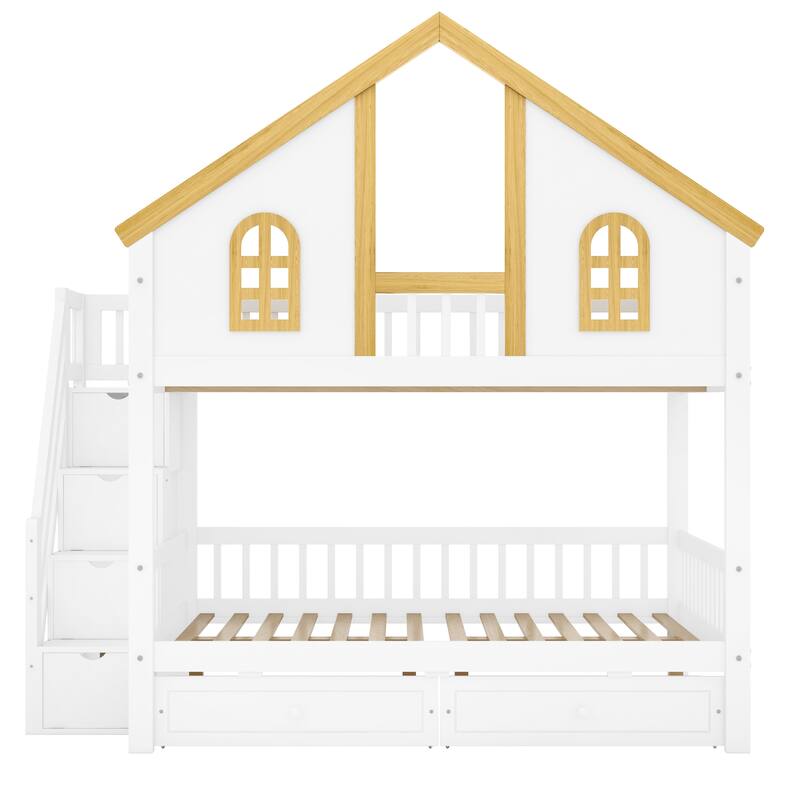 GDFStudio -DreamCottage Modern Wooden House Roof Bunk Bed with Storage Drawers and Staircase
