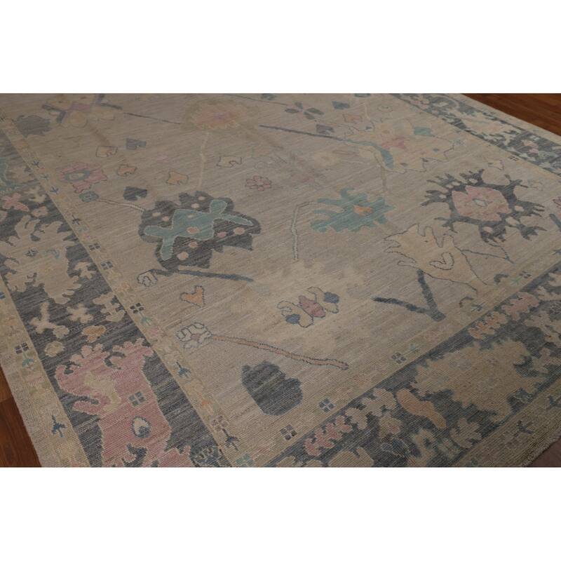 Beige Oushak Turkish Rug Hand-Knotted Oriental Wool Carpet - 8'11"x 11'11"