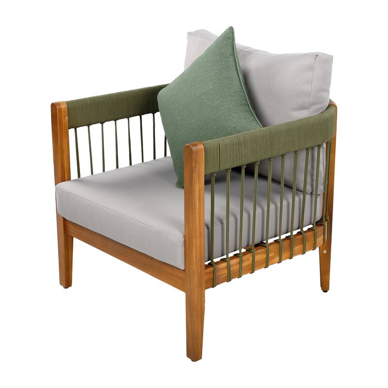 3 Pcs Set Acacia Wood Outdoor Club Chair with Handwoven Rope Accents & Curved Backres -Water-Resistant,Removable Cushions