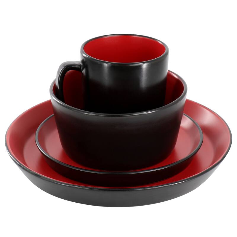 Elama Bacarra 16 Piece Stoneware Dinnerware Set in Two Tone Black and Red
