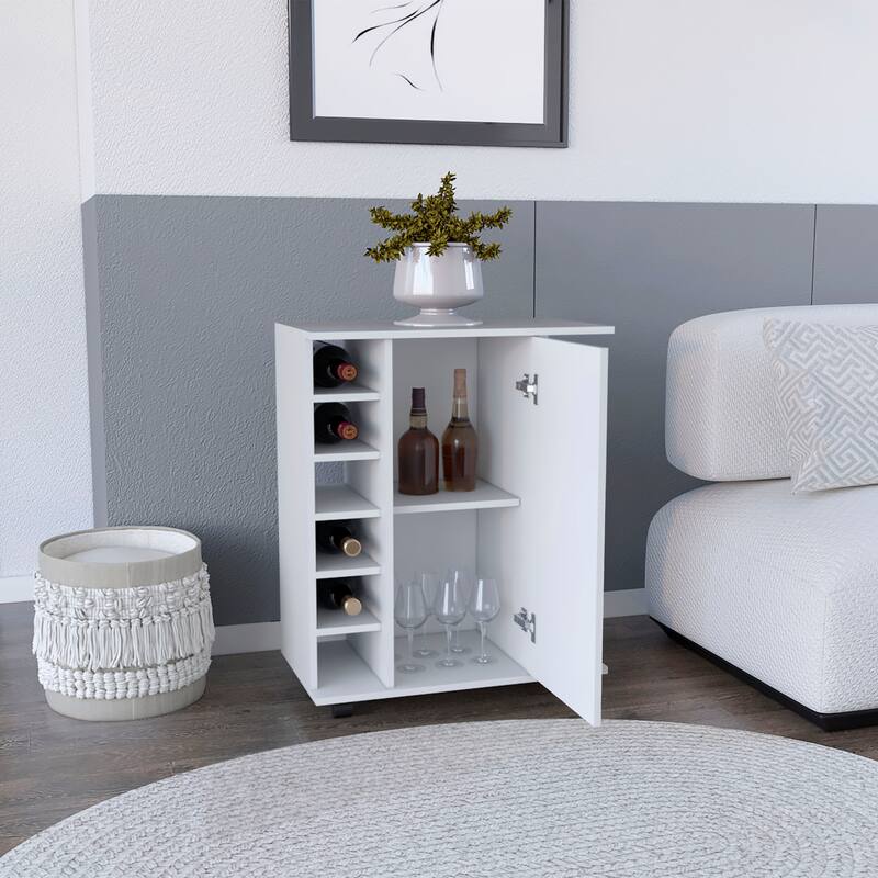 Modern White Bar Cart with Wine Cubbies, Side Shelves & Casters for Easy Mobility