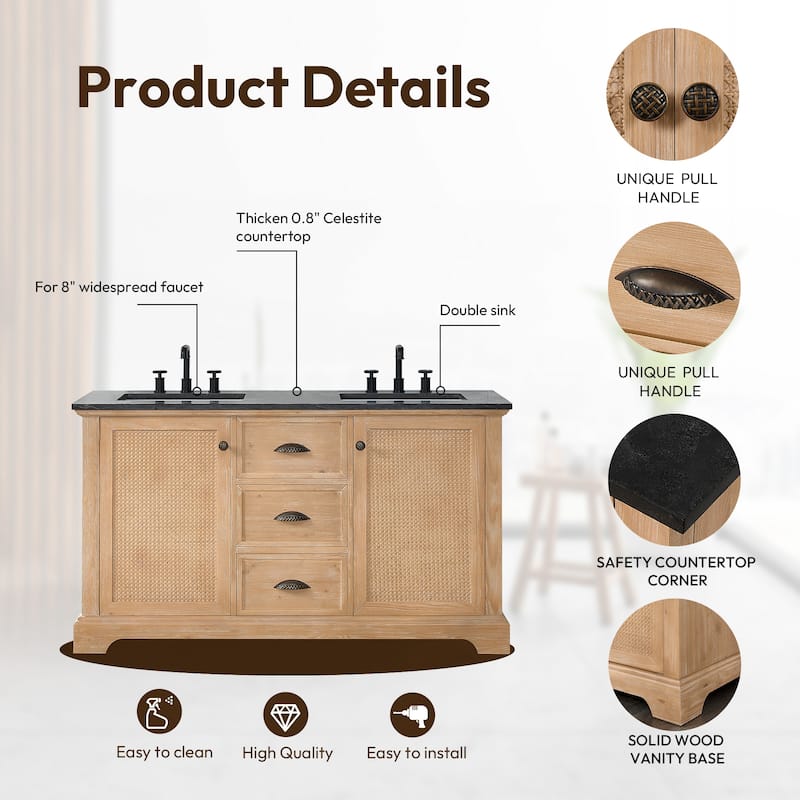 Hervas Bath Vanity with Natural Marble Top without Mirror