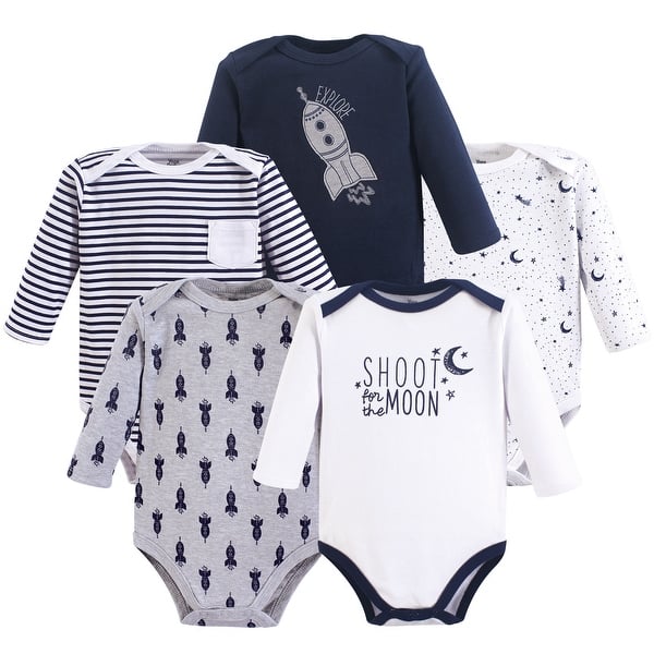 slide 1 of 1, Yoga Sprout Baby Boy Cotton Long-Sleeve Bodysuits 5pk, Moon 0-3 Months - Moon Long-Sleeve