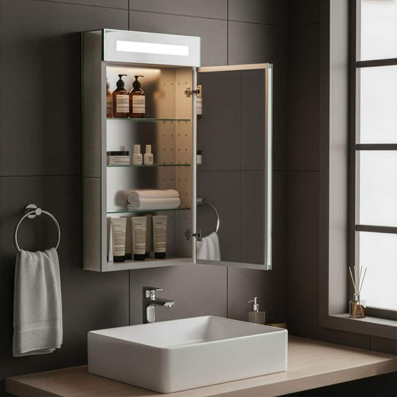 Bathroom Medicine Cabinet, Aluminum, Recessed/Surface Mount, Mirrored Interior w/LED