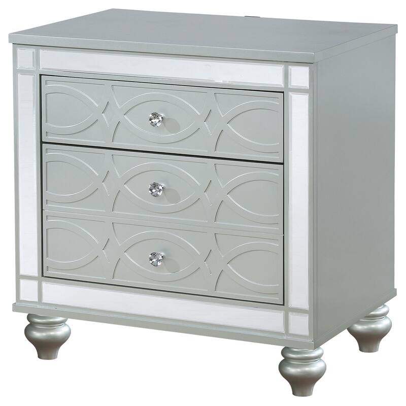 Silver Metallic 2-Drawer Nightstand with Crystal Pulls, Fretwork Details, Felt Lined Drawer and USB Ports